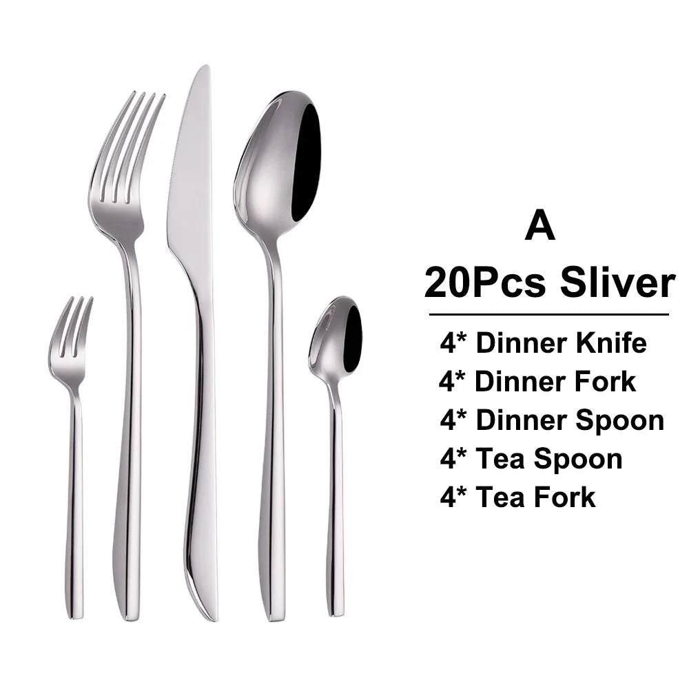 6/16/20/24/28Pcs Cutlery Set Stainless Steel 304 Tableware Mirror Sliver Dinner Set Western Knife Fork Spoon Elegant Flatware